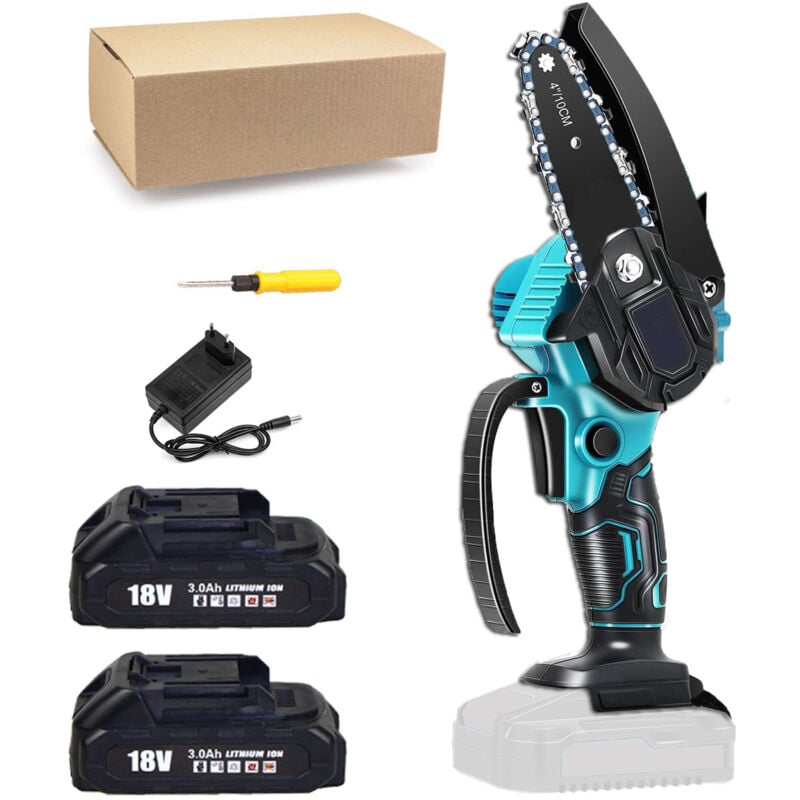 Mawiron - Mini-Kettensäge, tragbare elektrische Kettensäge, kabellos, kleine Handkettensäge, Astschere, Kettensäge, 2 x 3.0 a Akku + Ladegerät,