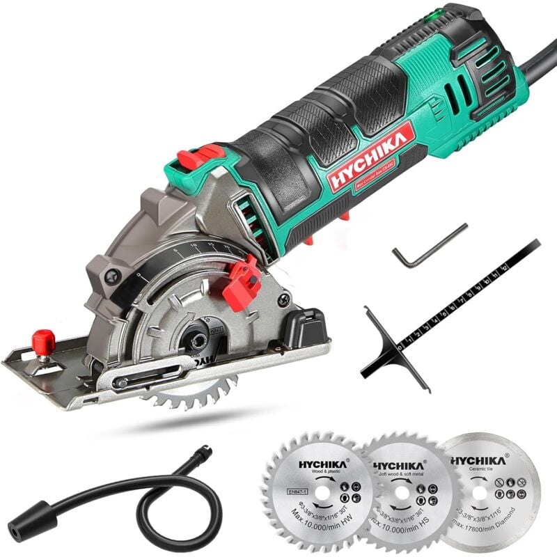 Hychika - Mini-Kreissäge Handkreissäge mit 3 Sägeblättern, Skalenlineal, 500 w Motor aus reinem Kupfer 4.500 U/min, ideal zum Schneiden von Holz,