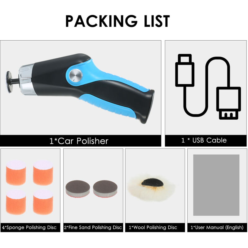 Mini-Poliermaschine 60W mit USB-Ladekabel, variable Drehzahl 8500 U/min, Werkzeug zur Reinigung, zum Polieren und Ausbessern von Autokarosserien,