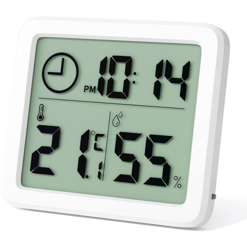Mini-Digital-Innenthermometer, professionelles tragbares Großbild-Hygrometer mit Uhr, genaues weißes Thermometer, Hygrometer für Zuhause, Babyzimmer,