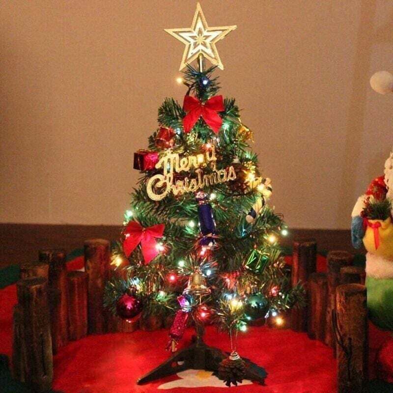 Mini-Weihnachtsbaum, 60 cm (24 Zoll) großer künstlicher Tischweihnachtsbaum mit LED-Lichterkette und Schmuck für Zuhause und Büro – ideal als
