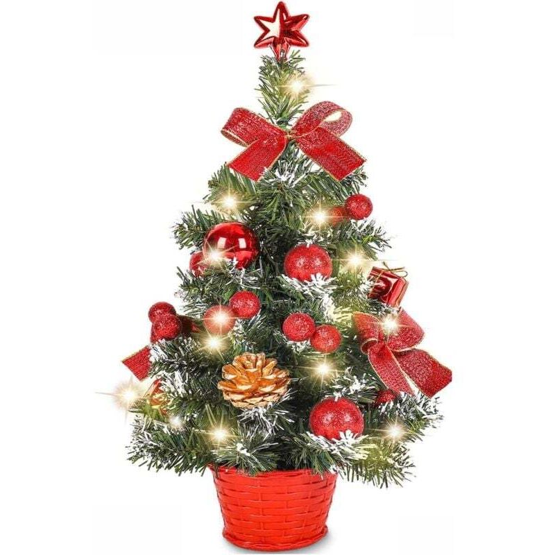 Mini-Weihnachtsbaum (künstlich), kleiner Weihnachtsbaum mit LED-Beleuchtung, Mini-Tischdekoration für Büro, Gewerbe und Bar, 40 cm, Rot