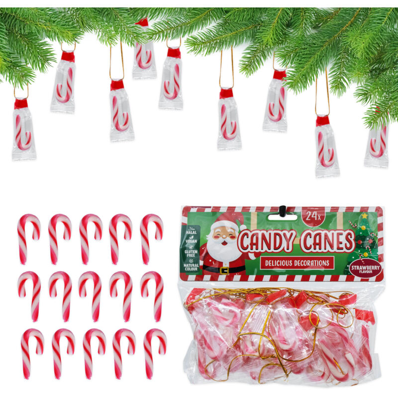 MIni Zuckerstangen Baumanhänger essbar Erdbeer Geschmack - 24 Stück - Candy Cane Weihnachtsbaum Anhänger zum Essen