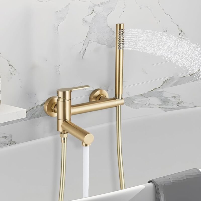 Mischbatterie für Badewanne, Wandmontage, goldfarben, gebürstet, Wasserhahn mit 2 Funktionen, Einhebel-Dusche, mit Handbrause, Badewanne, Auslauf