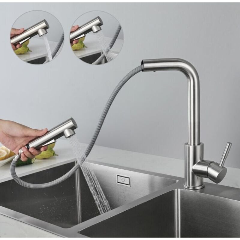 Hochdruck Küchenarmatur Ausziehbar Mit 2 Strahlarte, Mischbatterie für die Küche Chrome, Küchenwasserhahn Edelstahl, Wasserhahn Küche Ausziehbar