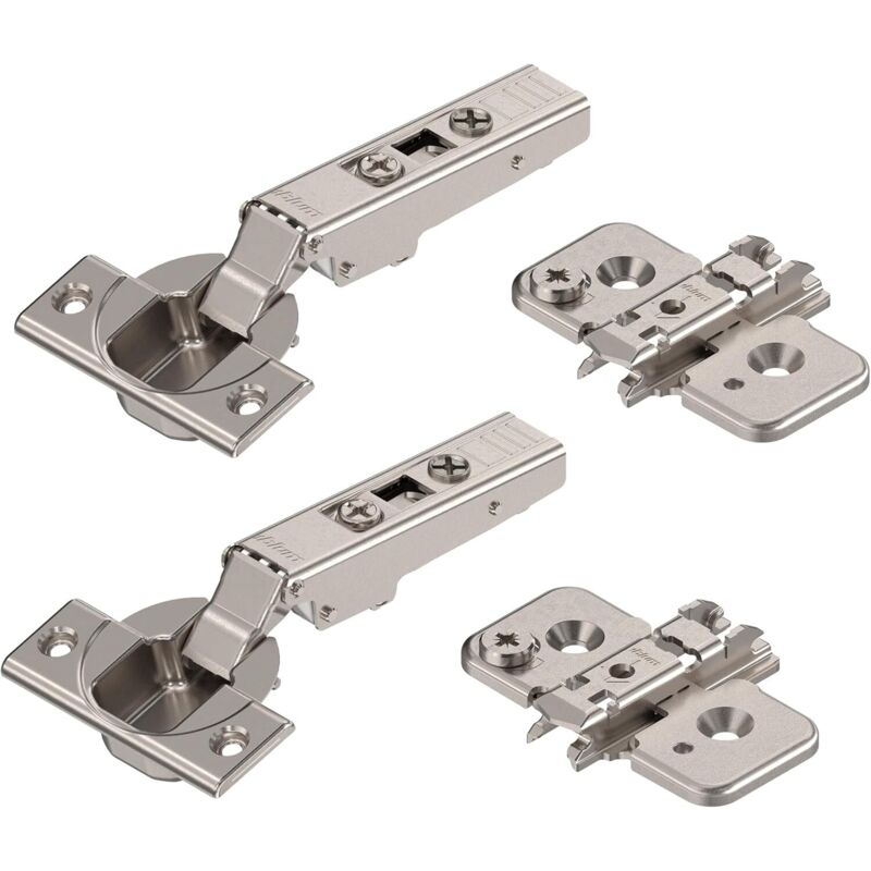 Möbelscharnier (2 Stück, 110°, rechts, mit Feder, Schrauben, Winkelanschlag, Exzenter-Kreuzmontageplatte, Stahl, Schrauben, Achsabstand 0 mm)