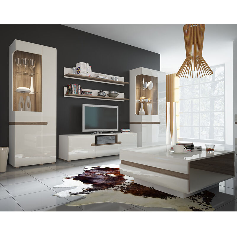 Moderne Anbauwand mit Couchtisch und Beleuchtung in weiß Hochglanz und Trüffel Eiche Nb., LEGNICA-129