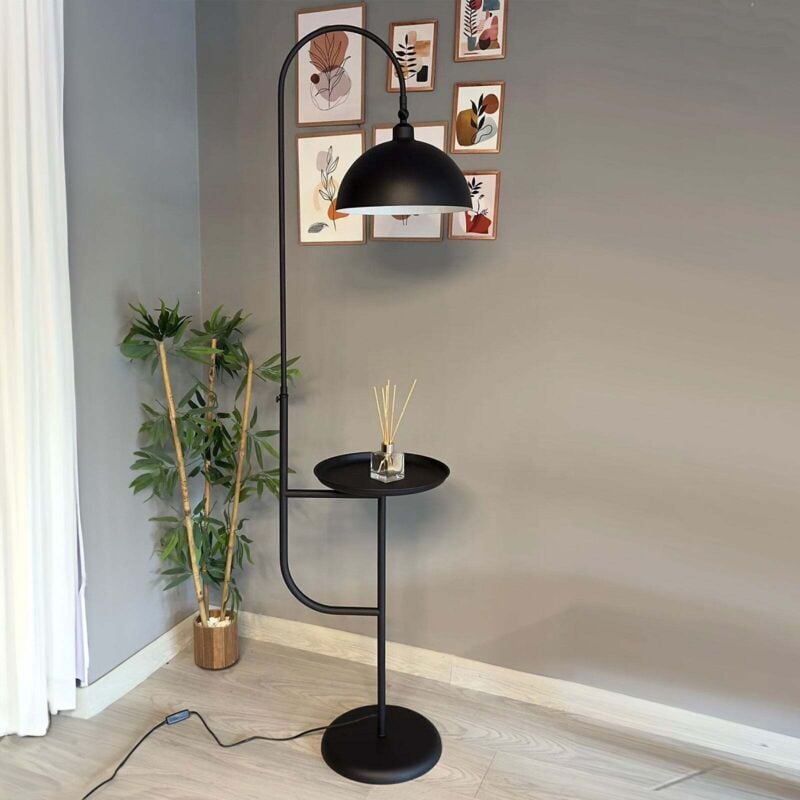 Moderne Stehlampe aus Schwarze Metall mit Tablett und Beweglichem Kopf, E27-Sockel, Moderne Stehlampe für Wohnzimmer oder Schlafzimmer