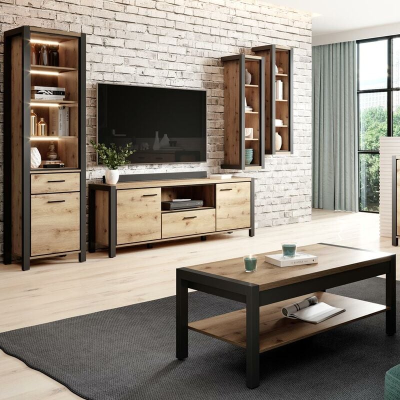 Moderne Wohnzimmer Anbauwand ACCRA-83 in Taurus Eiche Nb. mit Beleuchtung, b/h/t: ca. 250/200/41 cm