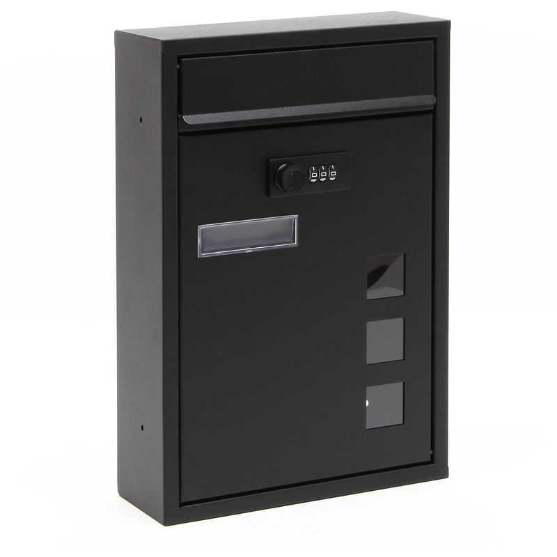 Wiltec - Briefkasten schwarz 215x320x90mm Briefkasten mit Zahlenschloss, Namensschild und Sichtfenster Postkasten aus pulverbeschichtetem Stahl