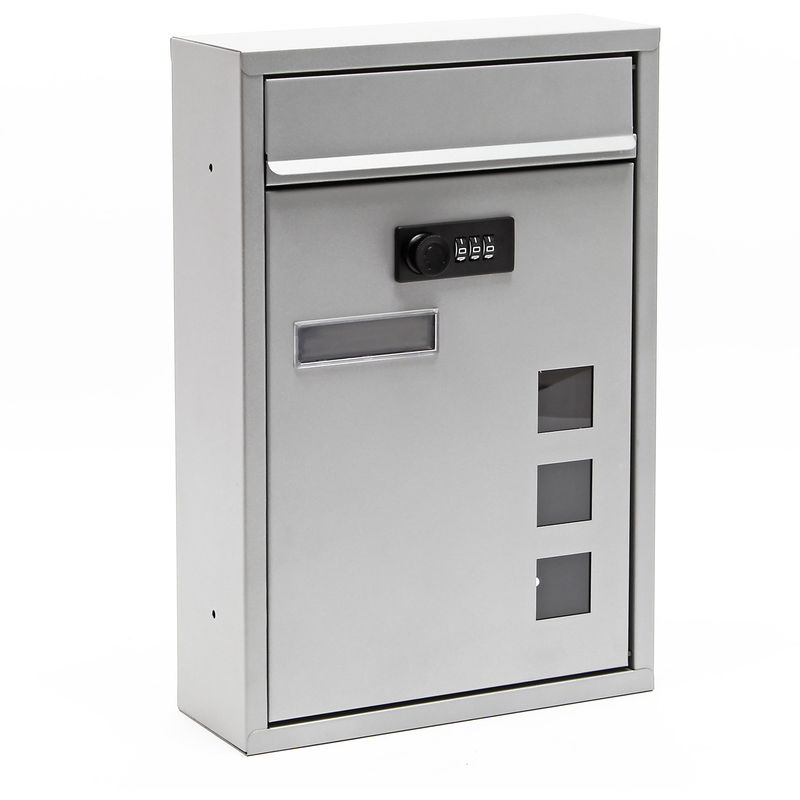 Wiltec - Briefkasten silberfarben 215x320x90mm Briefkasten mit Zahlenschloss, Namensschild und Sichtfenster Postkasten aus pulverbeschichtetem Stahl