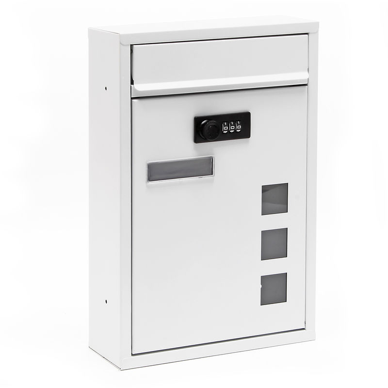 Wiltec - Briefkasten weiß 215x320x90mm Briefkasten mit Zahlenschloss, Namensschild und Sichtfenster Postkasten aus pulverbeschichtetem Stahl