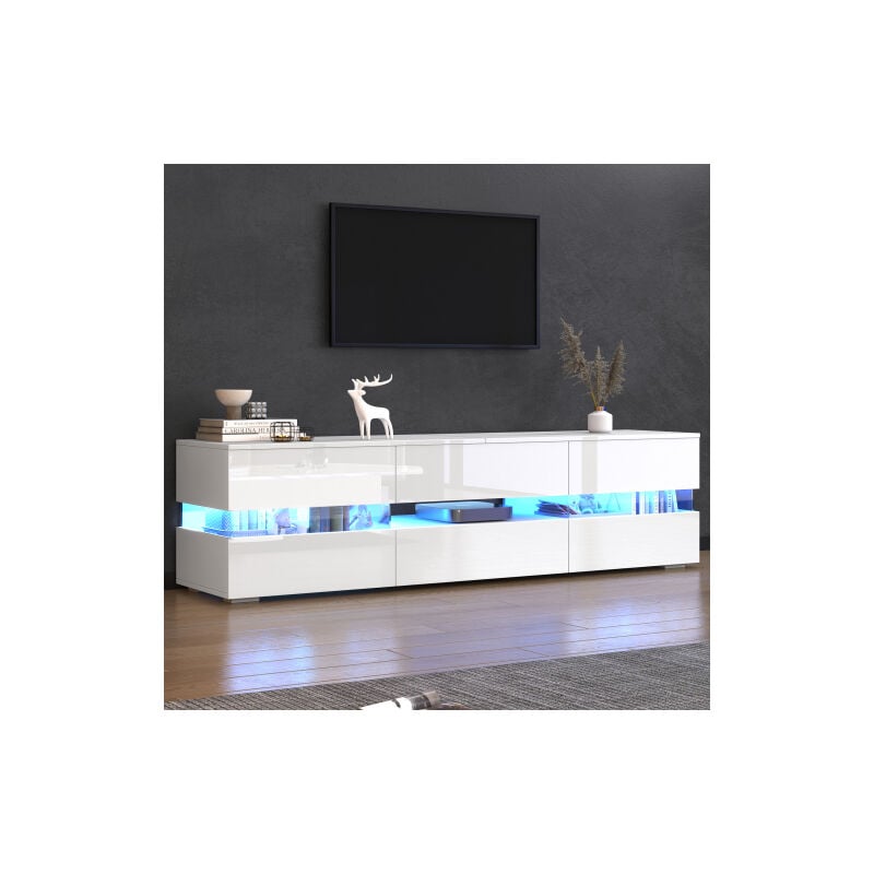 Weißer Hochglanz-TV-Schrank, TV-Ständer mit LED-Beleuchtung, 2 Türen, 1 Schublade und Push-to-Open, passend für 70 Zoll Fernseher, 160x39x45 cm