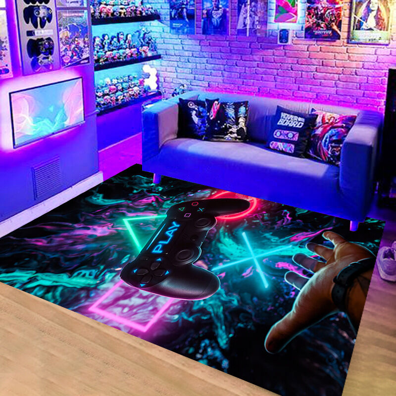 Moderner Schlafzimmerteppich Gamer 3D-Controller Teenager Junge Rutschfester Wohnzimmerteppich Graffiti Spielkonsole Dekor 80 x 120 cm-Neon-Sets-2