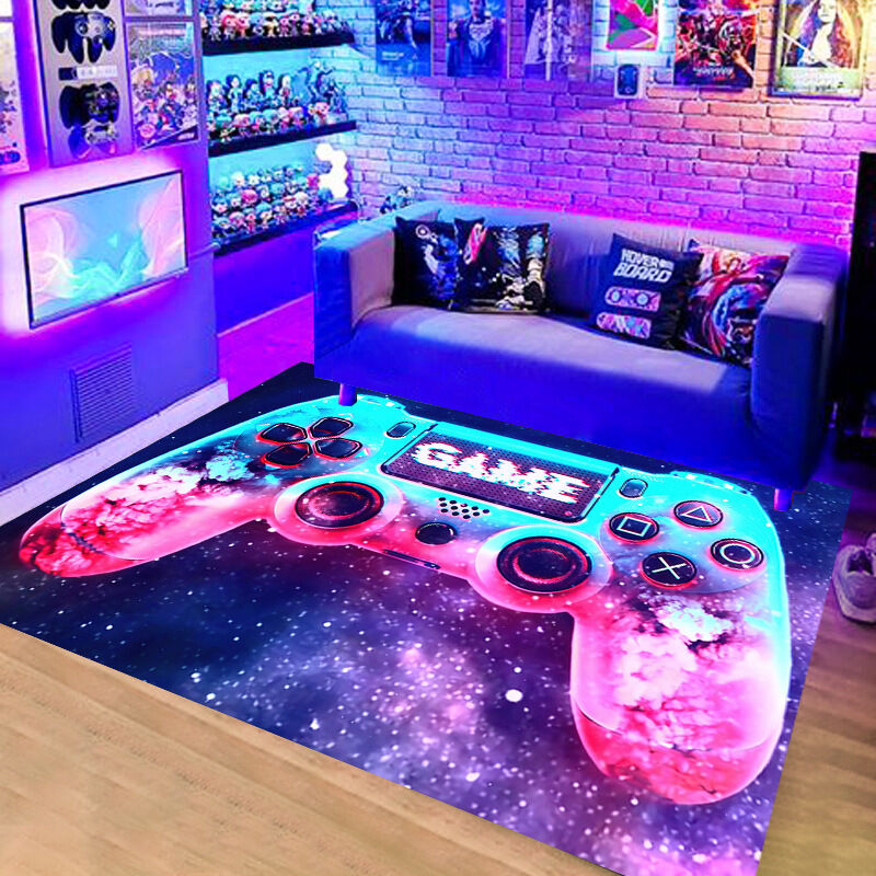 Moderner Schlafzimmerteppich Gamer 3D-Controller Teenager Junge Rutschfester Wohnzimmerteppich Graffiti Spielkonsole Dekor 80 x 120 cm-Neon-Sets-3