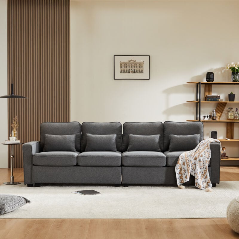 Okwish - Modernes 4-Sitzer-Sofa aus Leinenstoff, Viersitzer-Sofa mit Armlehnentaschen und 4 Kissen, Sofa im einfachen Stil, geeignet für Wohnzimmer,
