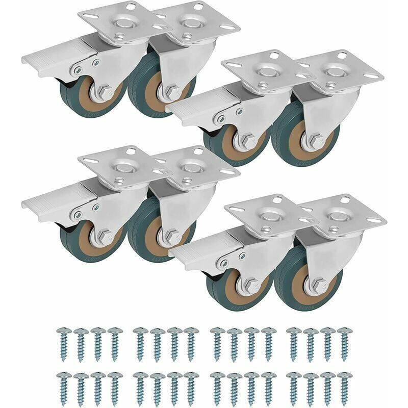 Lenkrollen für Möbel (8er-Set)50-mm-Möbelrolle mit Gummirädern, Schrauben, Bremsen und MetallplattenRollen für Möbel, Transportwagen und industrielle