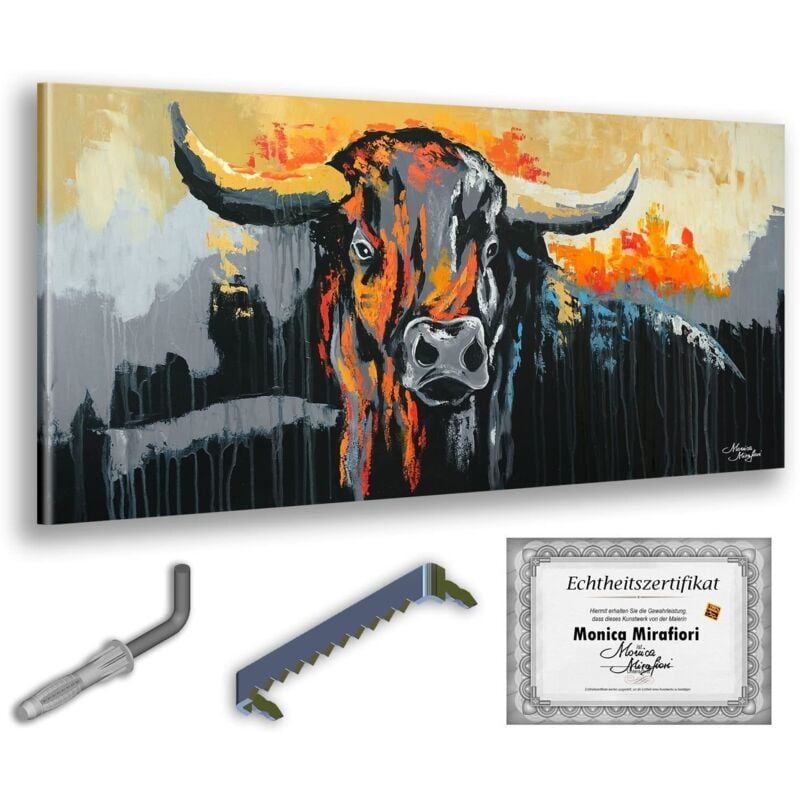 Monica Mirafiori I 100% HANDGEMALT I Gemälde BULL 140x70cm Gemälde Handgemalt Acrylgemälde Sehr großes Acrylbild I Moderne Kunst I Kunstbilder