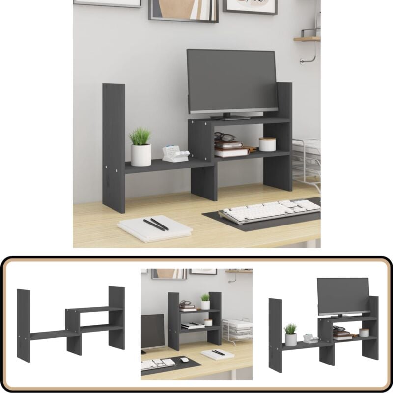 Monitorständer Grau (39-72)x17x43 cm Massivholz Kiefer - Monitorständer - Holzmöbel - Schreibtischorganisator - Kiefernholzmöbel - Bürobedarf
