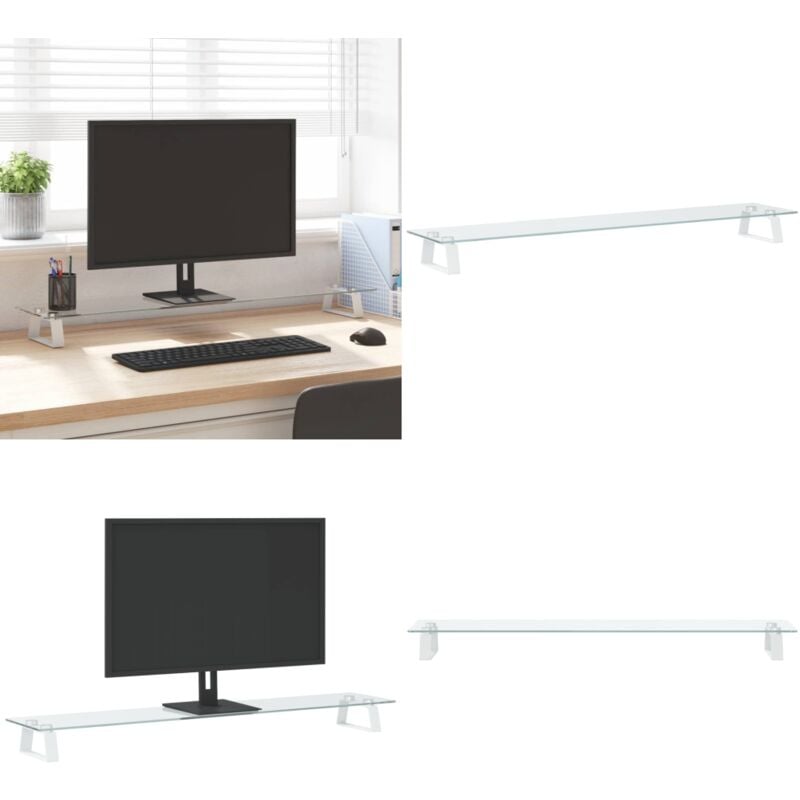 Monitorständer Weiß 100x20x8 cm Hartglas und Metall - Monitorständer - Laptopständer - PC-Zubehör - Bürobedarf - Ergonomie - Home & Living
