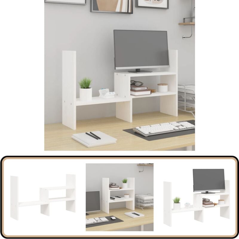Monitorständer Weiß (39-72)x17x43 cm Massivholz Kiefer - Monitorständer - Holzmöbel - Schreibtischorganisator - Kiefernholzmöbel - Bürobedarf