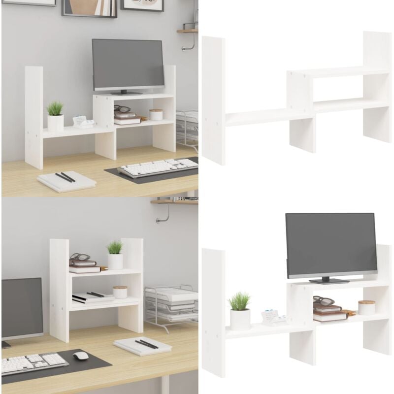 Monitorständer Weiß (39-72)x17x43 cm Massivholz Kiefer - Monitorständer - Holzmöbel - Schreibtischorganisator - Kiefernholzmöbel - Bürobedarf - Home