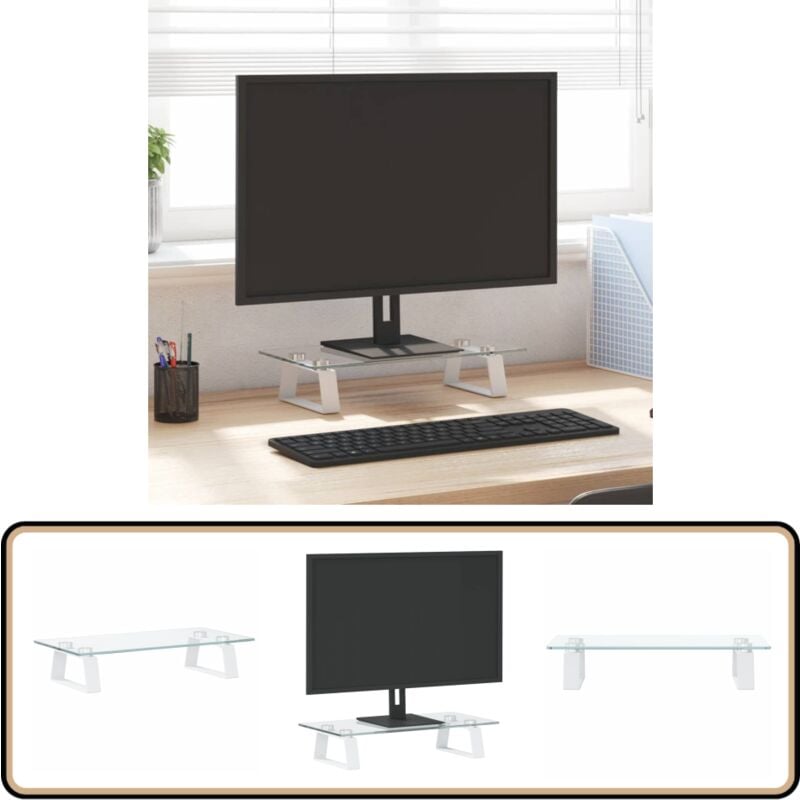 Monitorständer Weiß 40x20x8 cm Hartglas und Metall - Monitorständer - Computerständer - Laptopständer - Bürobedarf - Ergonomie