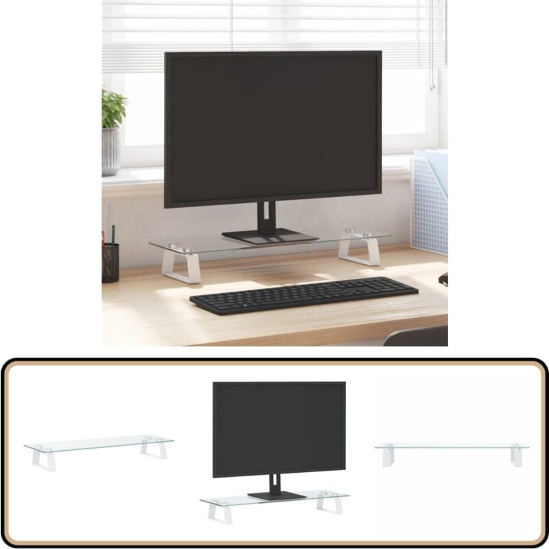 Monitorständer Weiß 60x20x8 cm Hartglas und Metall - Monitorständer - Computerständer - Laptopständer - Bürobedarf - Ergonomie