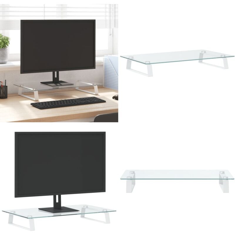 Monitorständer Weiß 60x35x8 cm Hartglas und Metall - Monitorständer - Computerständer - Laptopständer - Bürobedarf - Ergonomie - Home & Living