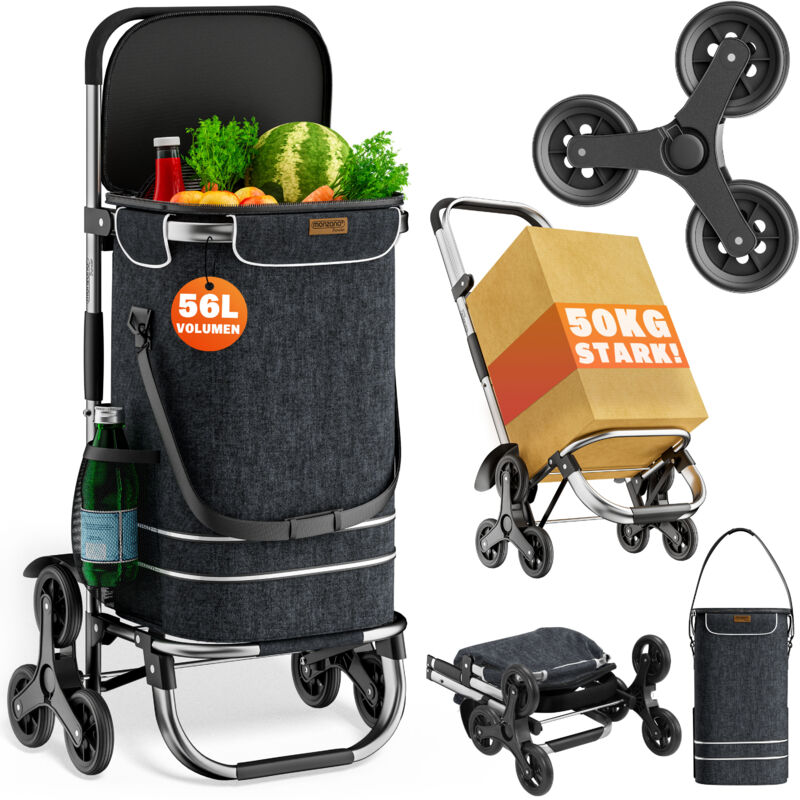 MONZANA® 3in1 Einkaufstrolley klappbar 50 kg Treppensteiger 56L Einkaufshilfe Einkaufsroller schwarz