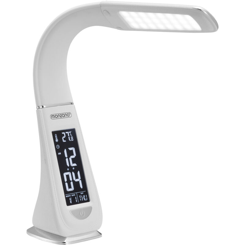 Led Schreibtischlampe Display Kalender Uhr Wecker Thermometer Dimmbar Nachttischlampe Tischlampe Tischleuchte Schreibtischleuchte weiß - Monzana