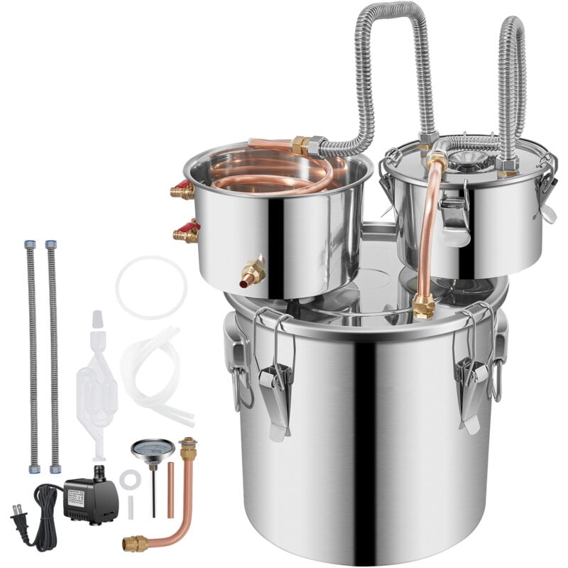 Mophorn - 3 Gal Moonshine Still Distiller, 12L Edelstahl-Wasserdestilliergerät mit Kupferrohr, Umwälzpumpe, Thermometer für DIY-Whisky, Wein, Brandy,