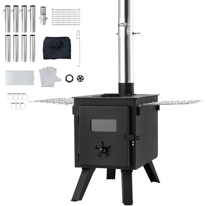 Mophorn - 86 Zoll tragbarer Holzofen, Campingzeltofen aus legiertem Stahl mit 1400 Zoll³ Feuerraum, 8 Kaminrohren und Handschuhen, heißer Zeltofen