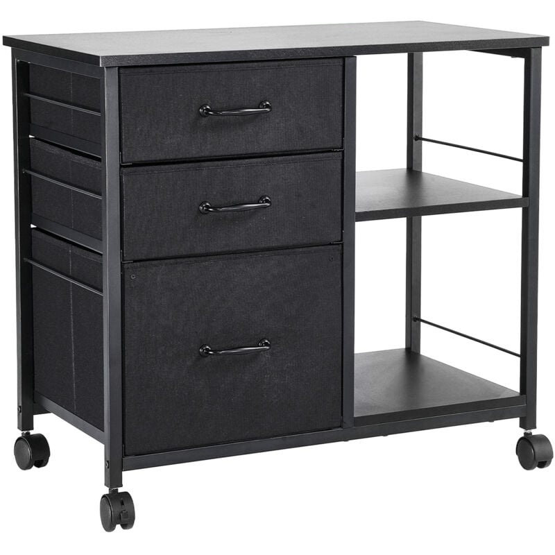 Mophorn Aktenschrank mit 3 Stoffschubladen, Rollcontainer mit 2 offenen Fächern, Lagerschrank für Schreibwaren, Drucker und Dokumente (Schwarz, 75 x