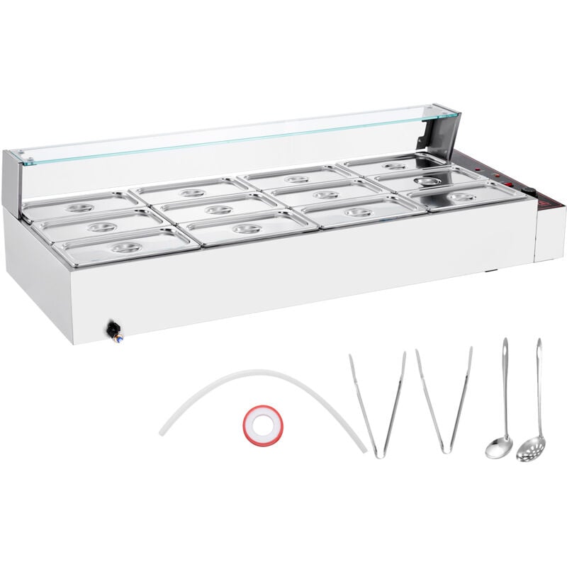 Bain-Marie Buffet-Speisenwärmer, 12 Pfannen, 1700 w, 12 x 5 qt, Edelstahl-Dampftisch mit Glasabdeckung, Temperaturregelung 30–80 °c, für Gastronomie,