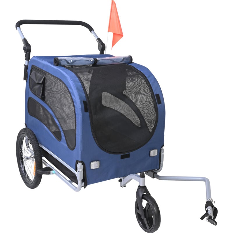 Mophorn Fahrradanhänger für Hunde, 100 lbs, 2-in-1-Kinderwagen, einfach zusammenklappbar, Universalkupplung, Reflektoren, Flagge, Blau/Schwarz