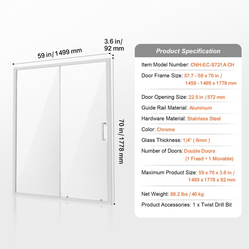 Halbrahmenlose Duschtür – 57,7–59 Zoll b x 70 Zoll h, Chrom-Finish mit 1/4 Zoll klarem gehärtetem Glas, wasserdicht, bruchsicher,