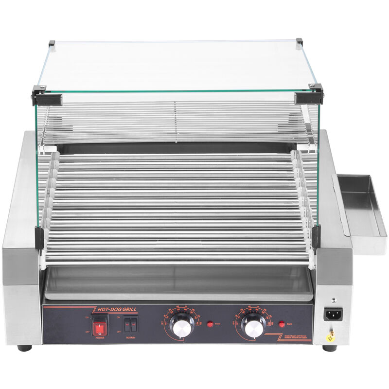 Mophorn - Hot Dog Grill Maschine mit 11 Rollen aus Edelstahl, 2200 w, Elektrogrill mit Abdeckung, zwei Temperaturreglern, seitlicher