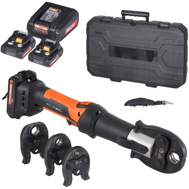 Mophorn - Presswerkzeug und Akku-Set, Elektrisches Rohr-Crimpwerkzeug mit M15-, M22-, M28-Backen, 2 Stück 20 v 2,0 Ah Akku, Schnellladegerät,