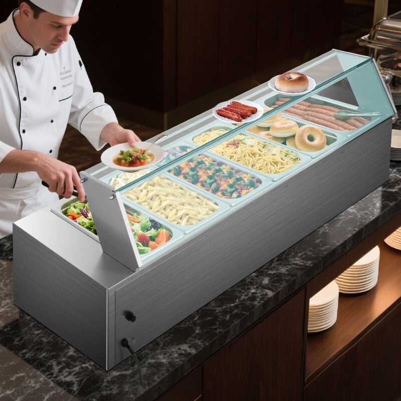 Mophorn Kommerzieller Speisenwärmer (6 x 1/3 Behälter), 1,5 kW elektrischer Edelstahl-Wärmebehälter mit Glasabdeckung und Suppenkelle, Chafing Dishes