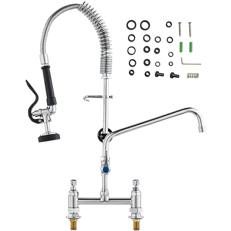 Kommerzieller Wasserhahn mit Vorspülbrause, 26 Zoll hoch, 8 Zoll Mitte, 12 Zoll Schwenkauslauf, aus Messing, für Küchenspülen mit 1/2/3 Becken, zur