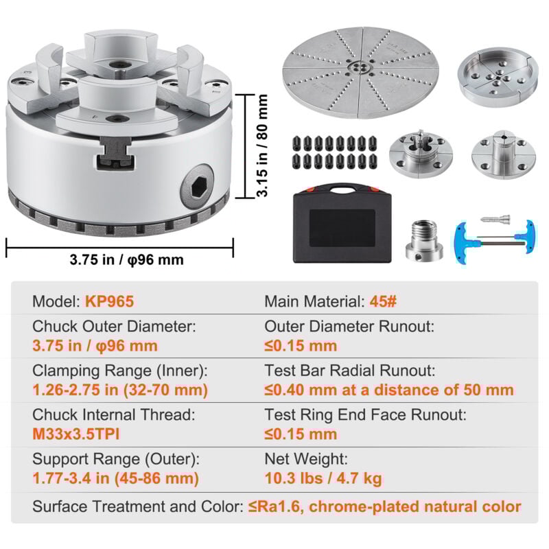 Mophorn - KP965 4-Backen-Drehfutter, 3,75 Zoll Durchmesser, Metalldrehzubehör mit 5 Backensätzen, selbstzentrierendes Präzisionswerkzeug für
