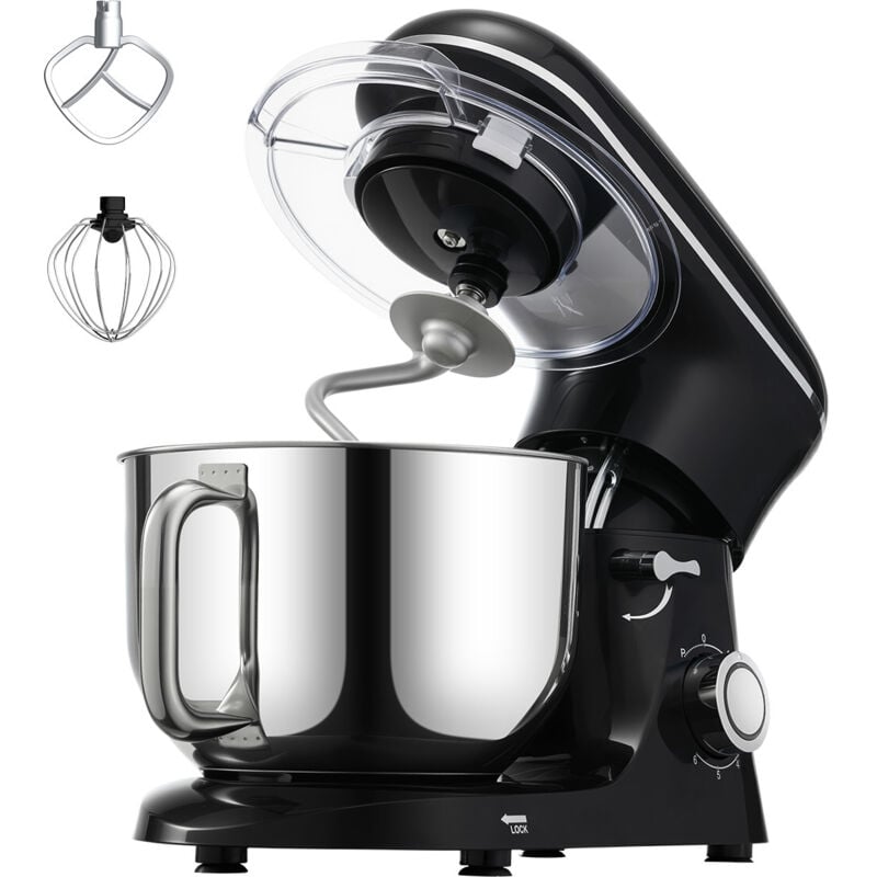 Mophorn - Küchenmaschine, 6 qt Teigmixer, 1400 w, 6-Gang-Küchenmaschine mit kippbarem Kopf und Edelstahlschüssel, Haken, Schneebesen, Rührbesen,