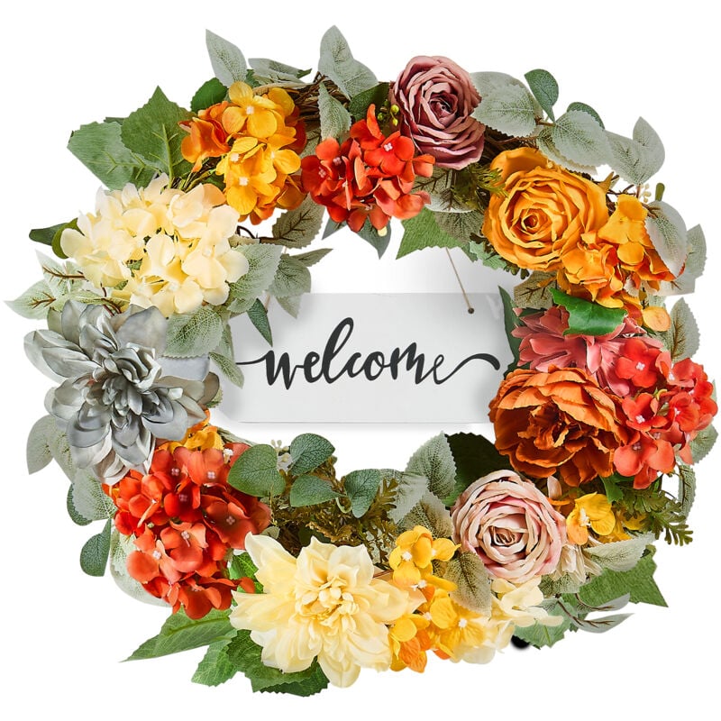 Künstlicher Dekokranz, 61 cm, Rot-Orange-Gelb, mit Hortensien und Rosen für Dekorationen zu jeder Jahreszeit - Mophorn