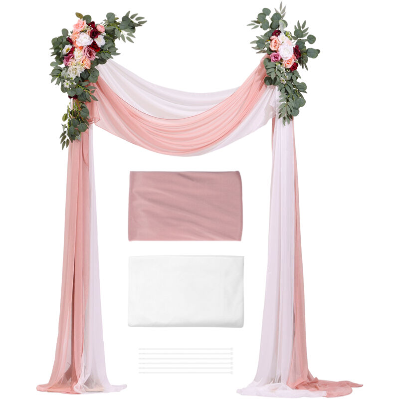 Künstliches Hochzeitsbogen-Blumen-Set – Rosa Hochzeitsbogen-Blumen mit Vorhängen (4er-Pack) – 2 Stück Blumenarrangement, 2 Stück transparente