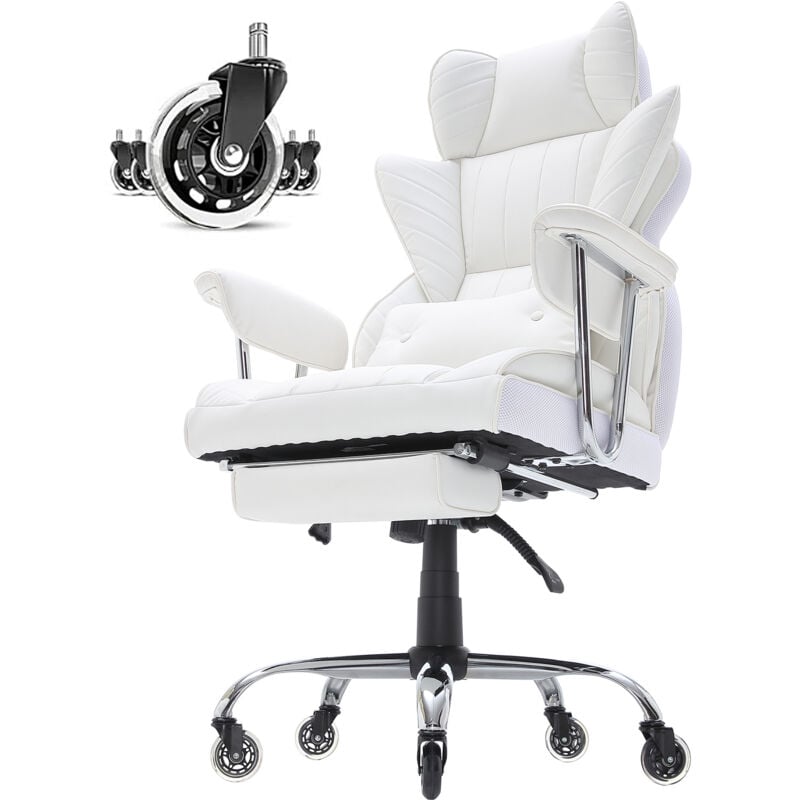 Mophorn - Liegender Bürostuhl mit Fußstütze, robuster breiter Chefsessel aus PU-Leder, großer und hoher Bürostuhl mit Lendenwirbelstütze, stabile