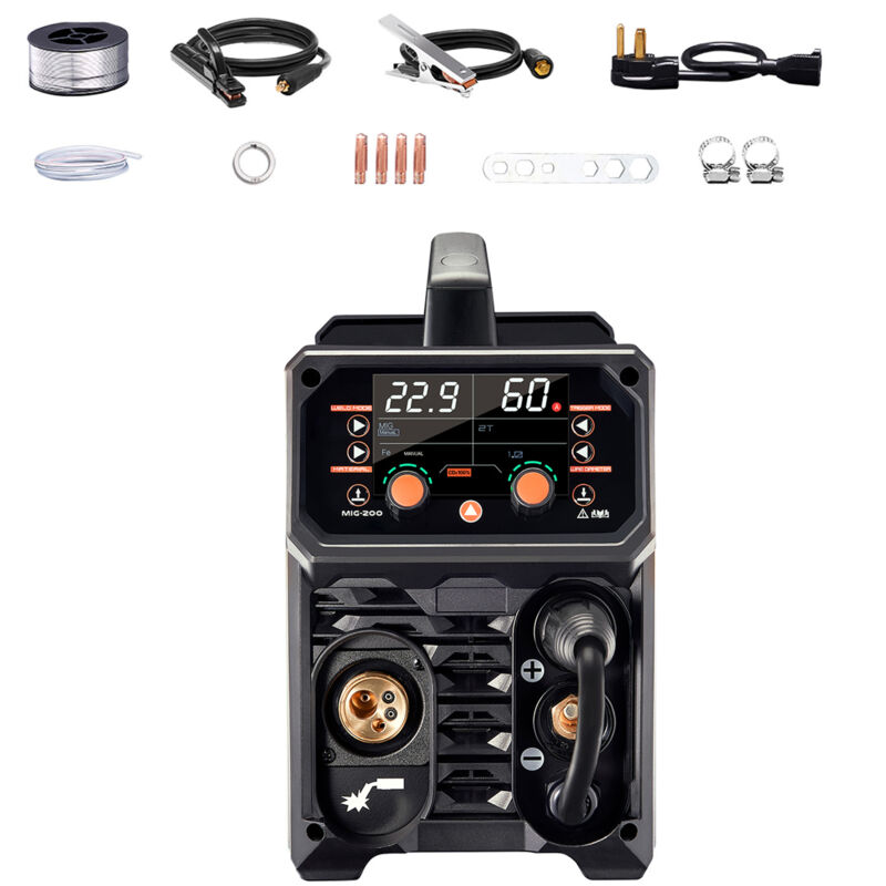 MIG-Schweißgerät – 200 a Multiprozess-Schweißkraftpaket. Dieses 4-in-1-Schweißgerät bietet Gas-MIG-, Fülldraht-MIG-, Stab- und Lift-WIG-Schweißen.