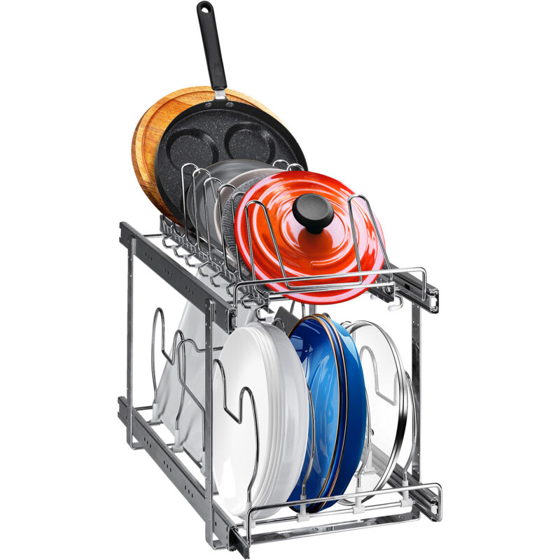 Pfannen- und Topfregal, 2-stöckig, erweiterbar, ausziehbar, Organizer für unter den Schrank, Regale für Backbleche, verstellbare Drahtteiler,