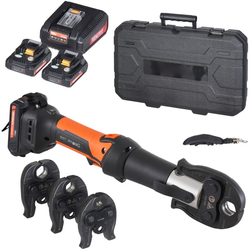 Mophorn - Presswerkzeug und Akku-Set, Elektrisches Rohr-Crimpwerkzeug, Pro-Presswerkzeug mit V15-, V22-, V28-Backen, 2 Stück 20-V-2,0-Ah-Akku,