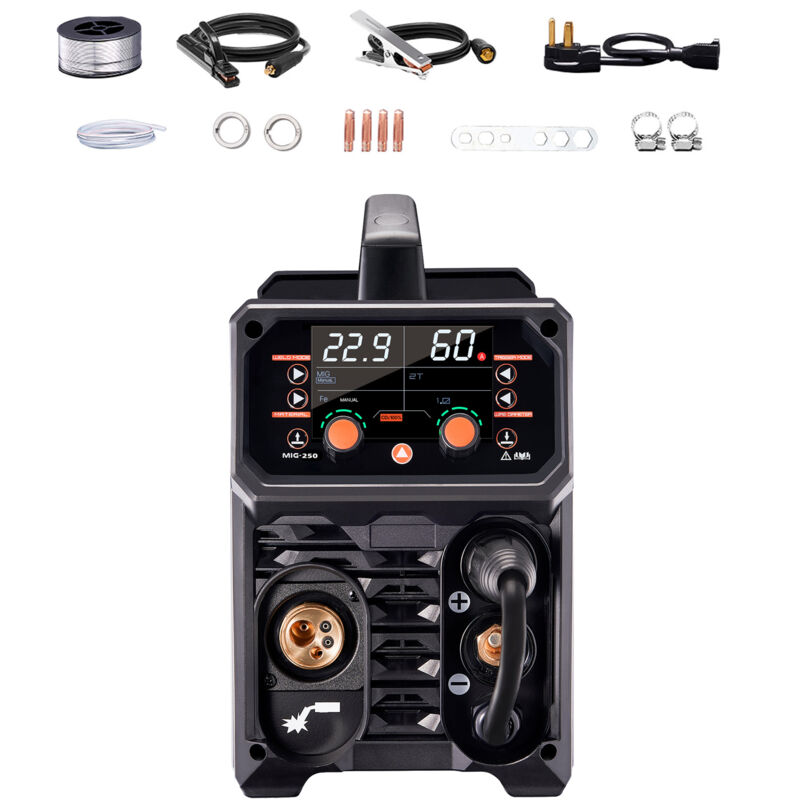 Pro MIG-Schweißgerät, 250-Ampere-Impuls-MIG-Schweißgerät. 5-in-1-Synergic-Schweißgerät mit IGBT-Inverter-Technologie und LCD-Bildschirm.